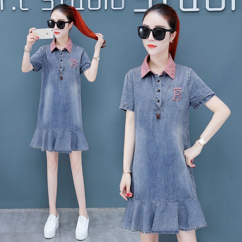 ĐẦM JEAN ĐUÔI CÁ PHỐI CỔ SƠ MI HỒNG - NJ2888